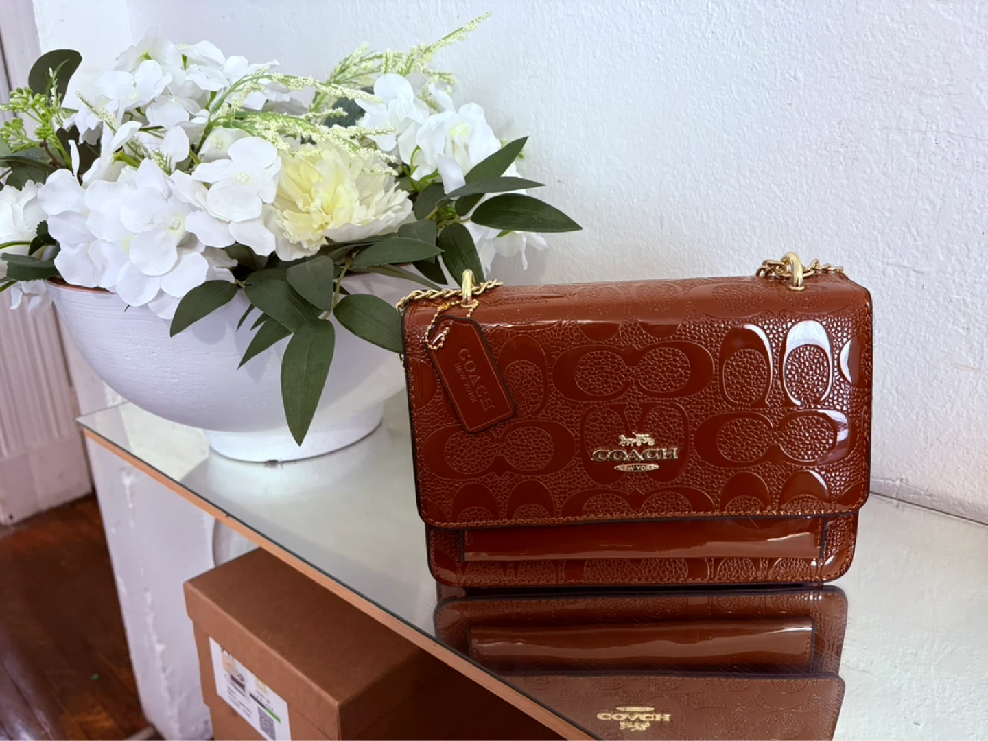 COACH Brown Patent Leather Monogram Shoulder Bag