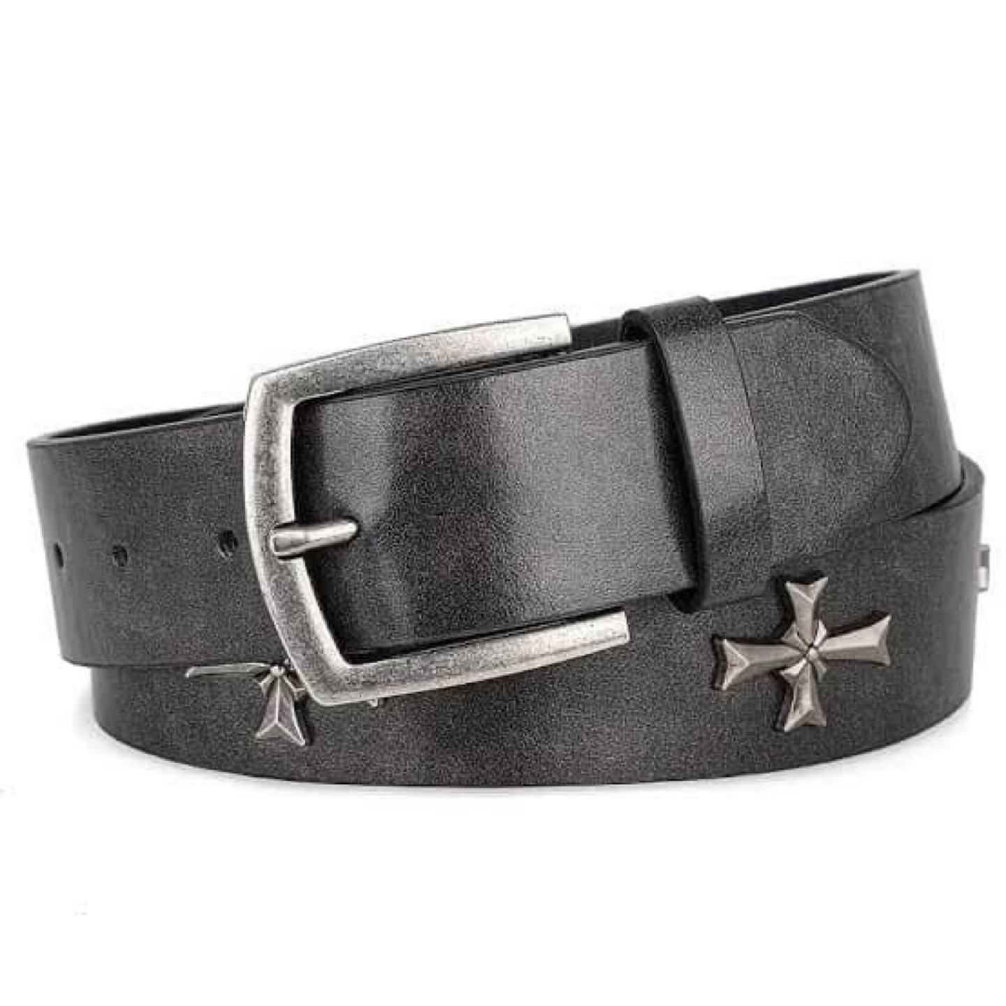 Black Leather Belt with Cross Embellishments