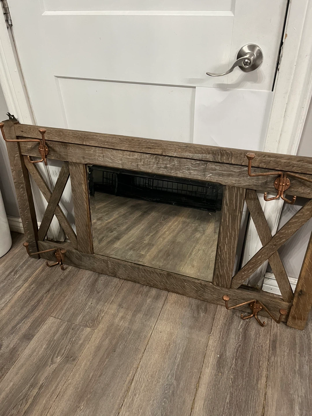 Rustic Wood Mirror with Coat Hooks