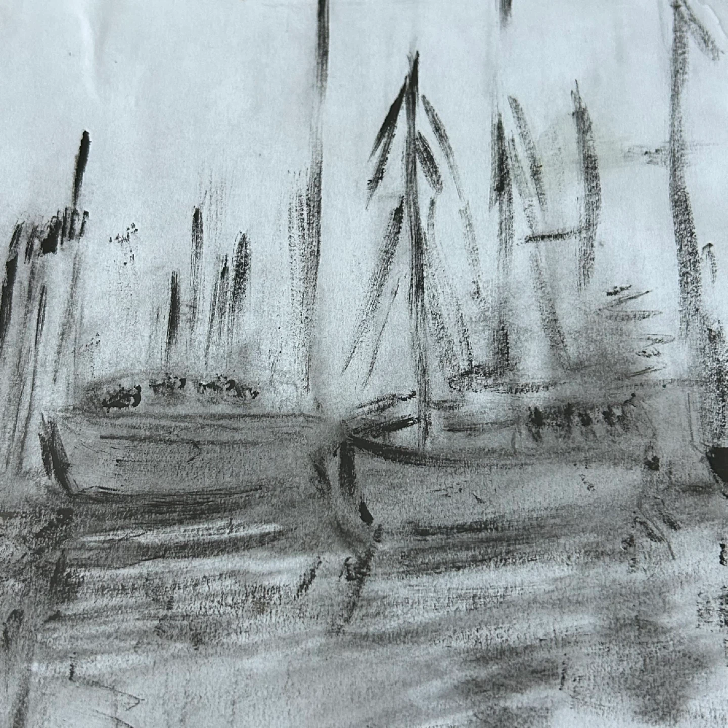 Vintage Framed Harbor Scene Charcoal Sketch – Signed - photo 4