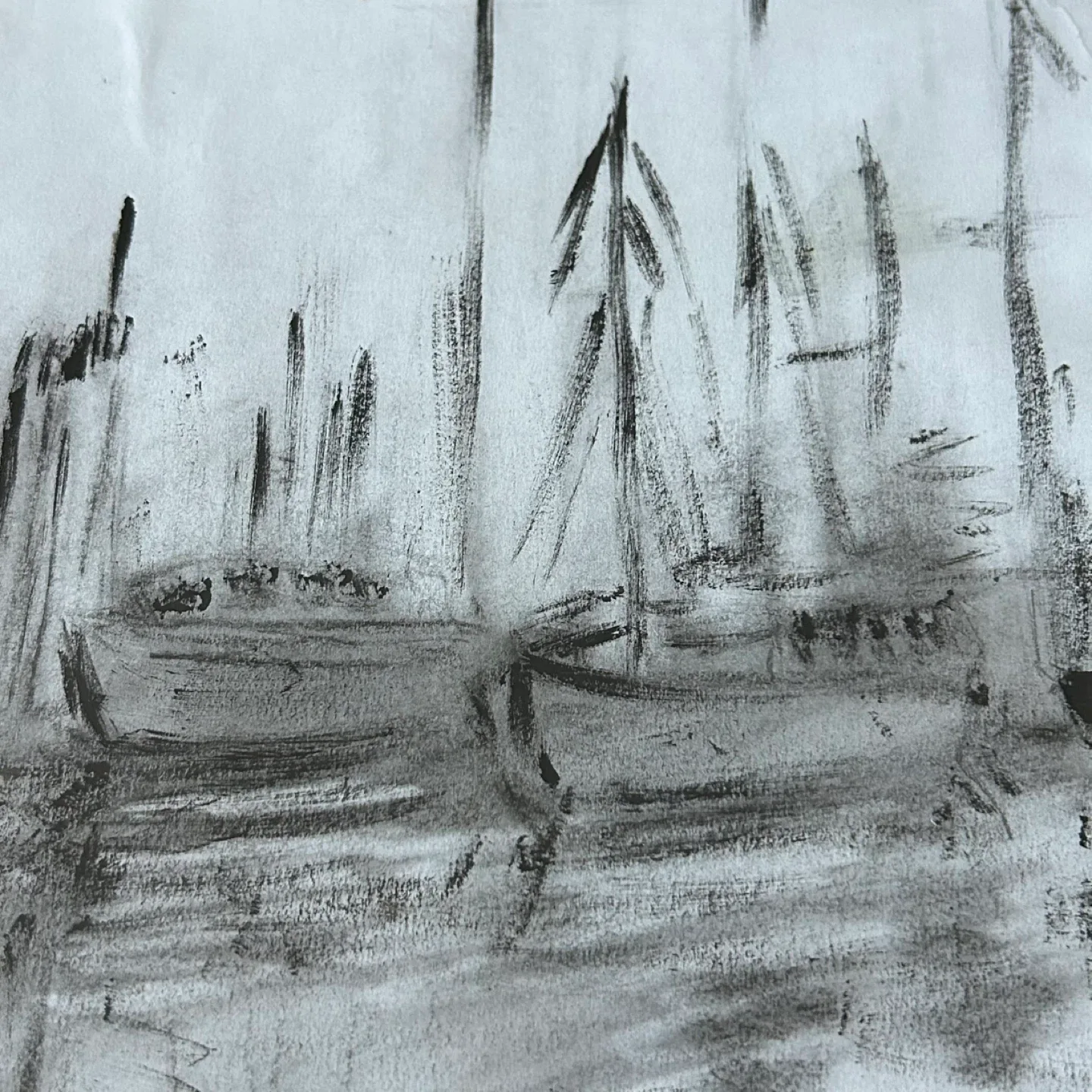 Vintage Framed Harbor Scene Charcoal Sketch – Signed - photo 4