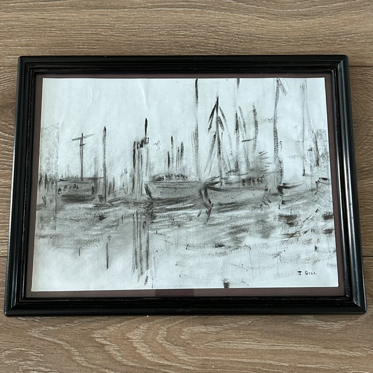 Vintage Framed Harbor Scene Charcoal Sketch – Signed
