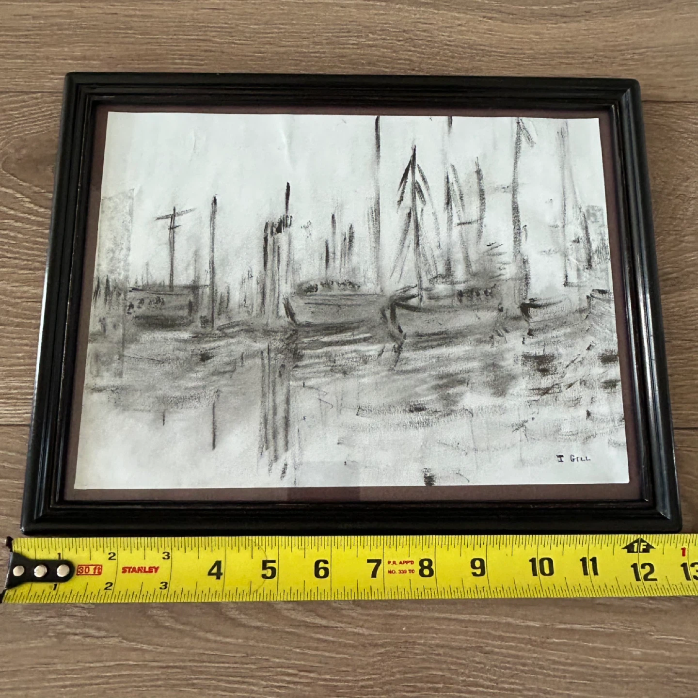 Vintage Framed Harbor Scene Charcoal Sketch – Signed - photo 2