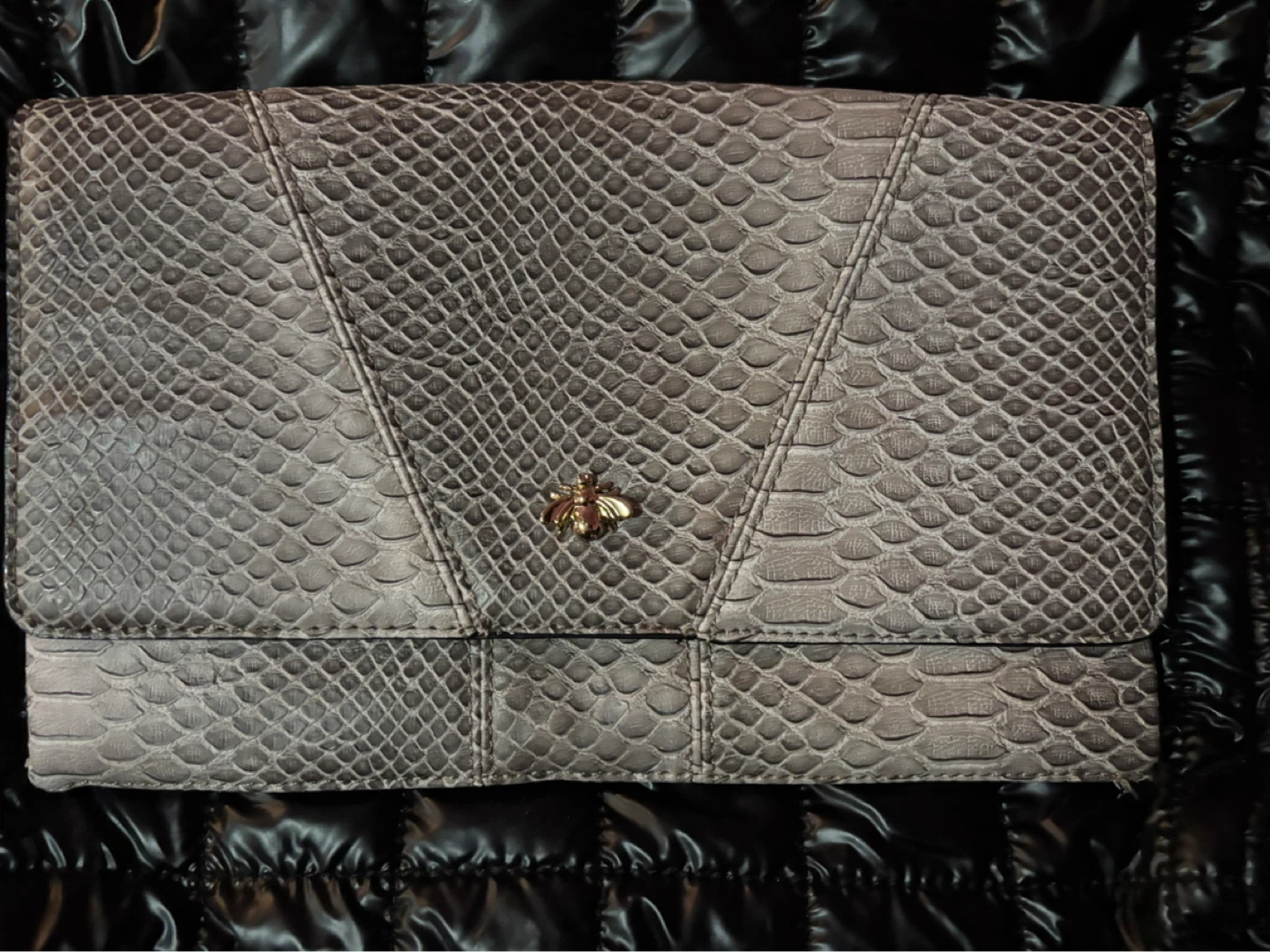 Grey Snakeskin Clutch with Bee Detail