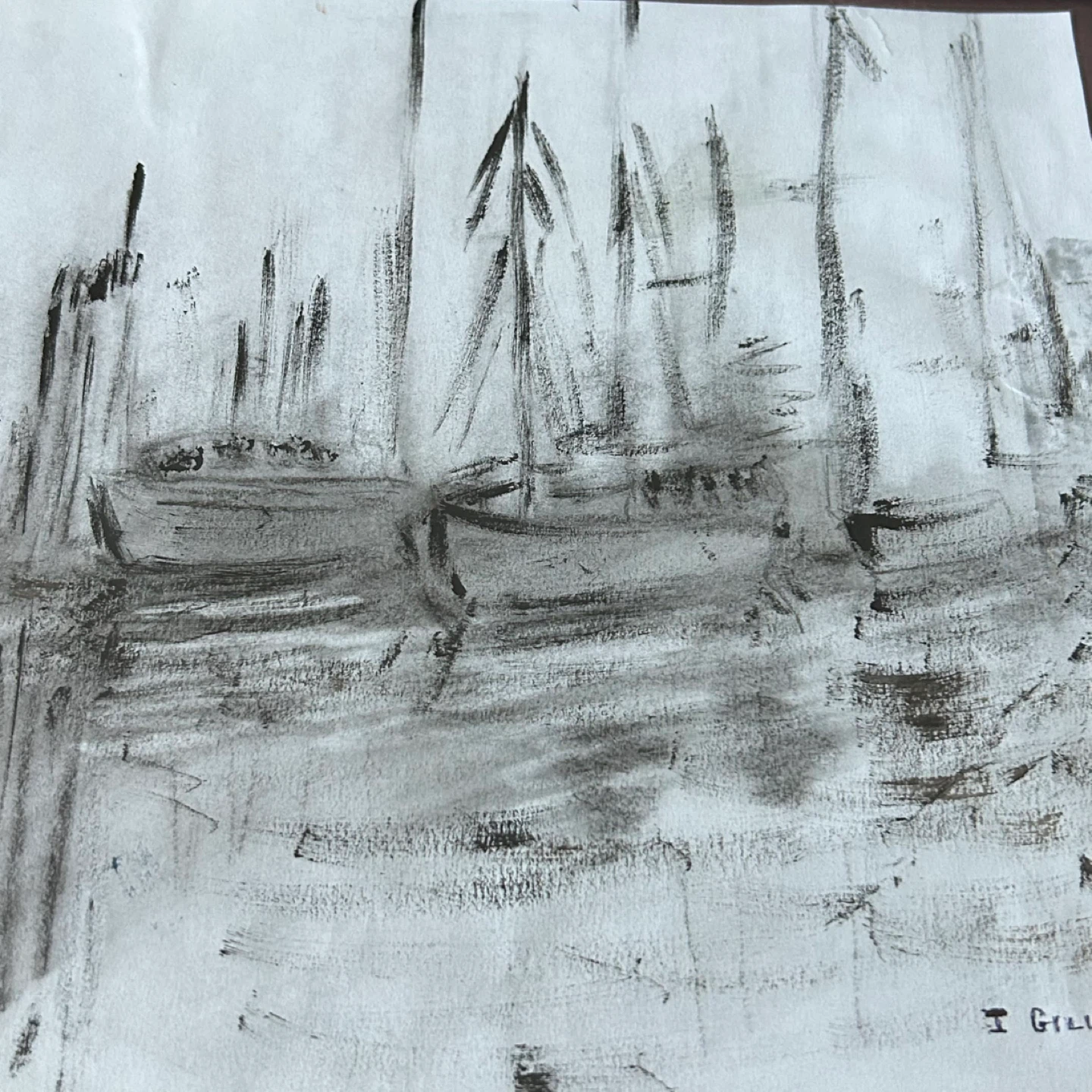 Vintage Framed Harbor Scene Charcoal Sketch – Signed - photo 3