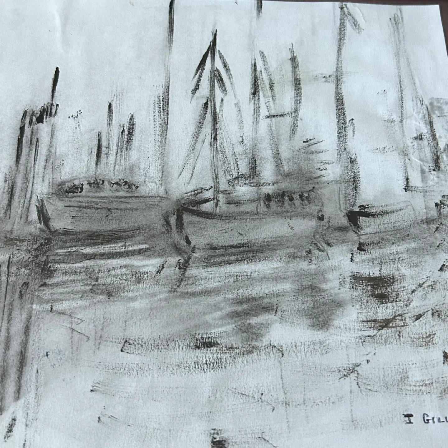 Vintage Framed Harbor Scene Charcoal Sketch – Signed - photo 3