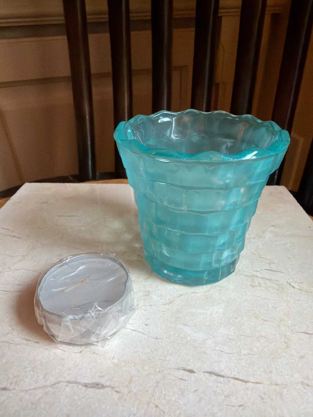 Teal Glass Candle Holder with Tea light Candle - photo 2