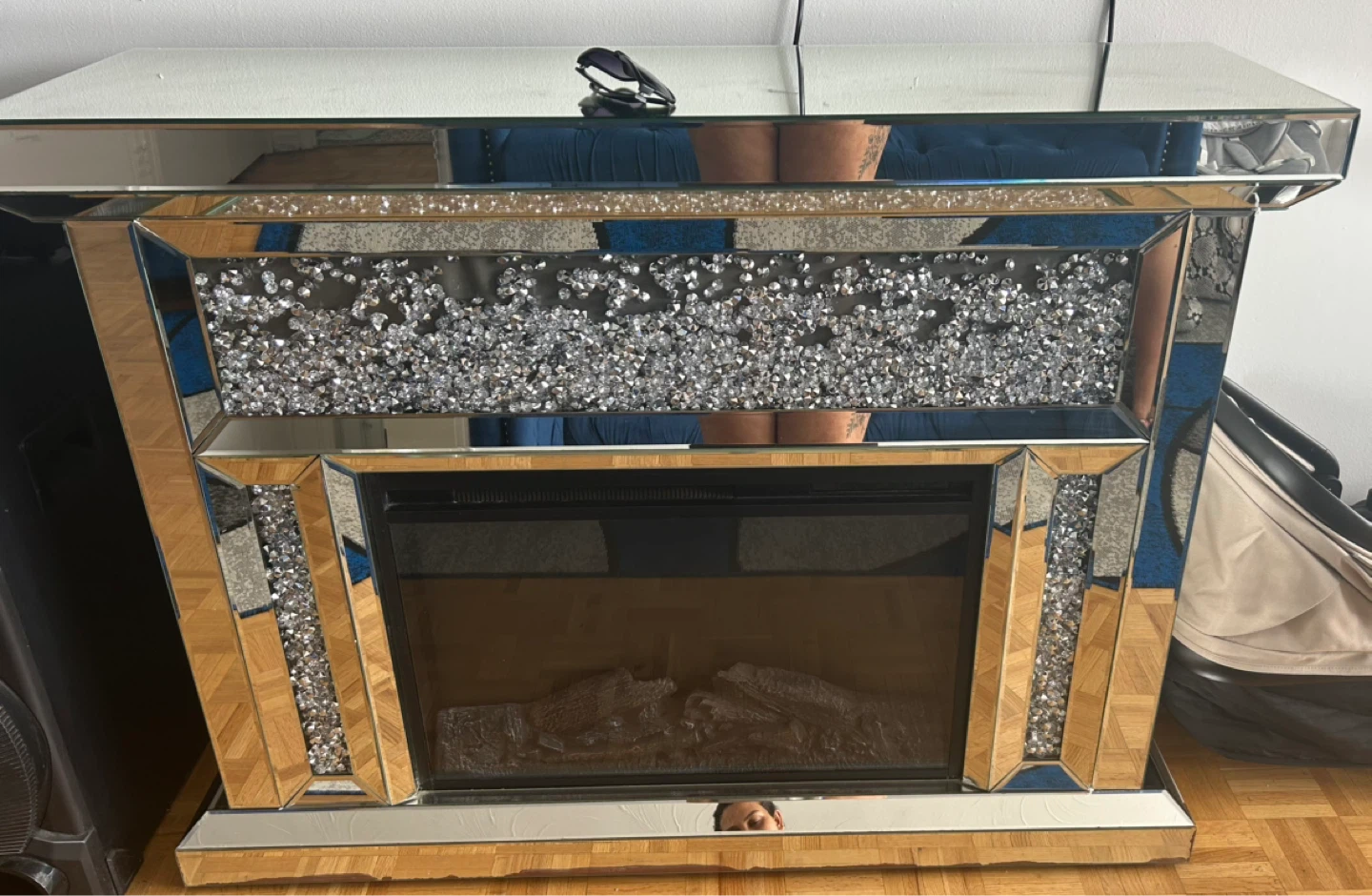 Mirrored Electric Fireplace with Crushed Crystal Accents