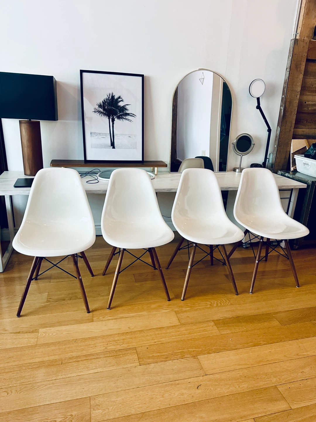 EAMES HIGH GLOSS WHITE FIBREGLASS CHAIRS DINING DESK SIDE