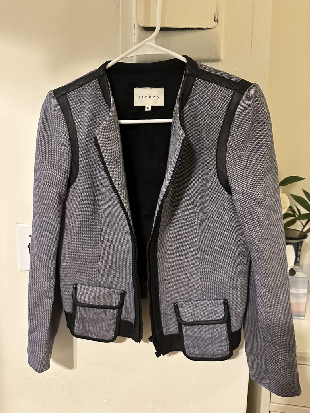Sandro Collarless Jacket with Leather Accents