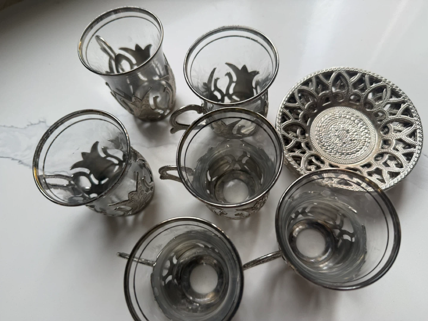 Set of 6 Glass Cups with Decorative Silver Holders