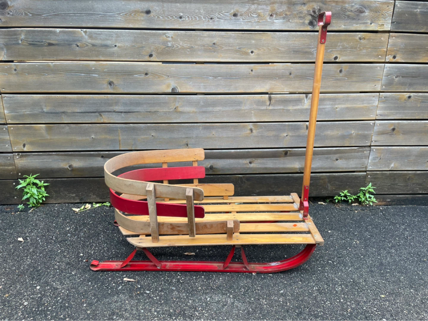 Vintage Wooden Sled with Red Trim