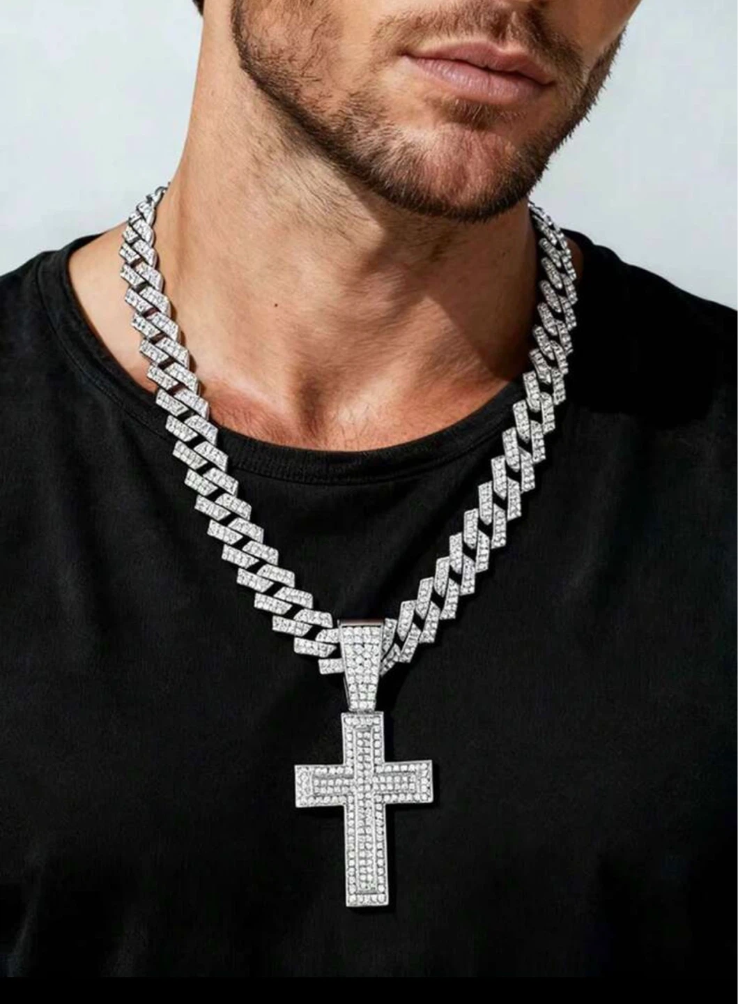 Gold Cuban Link Chain with rhinestones Cross Pendant Necklace - photo 2