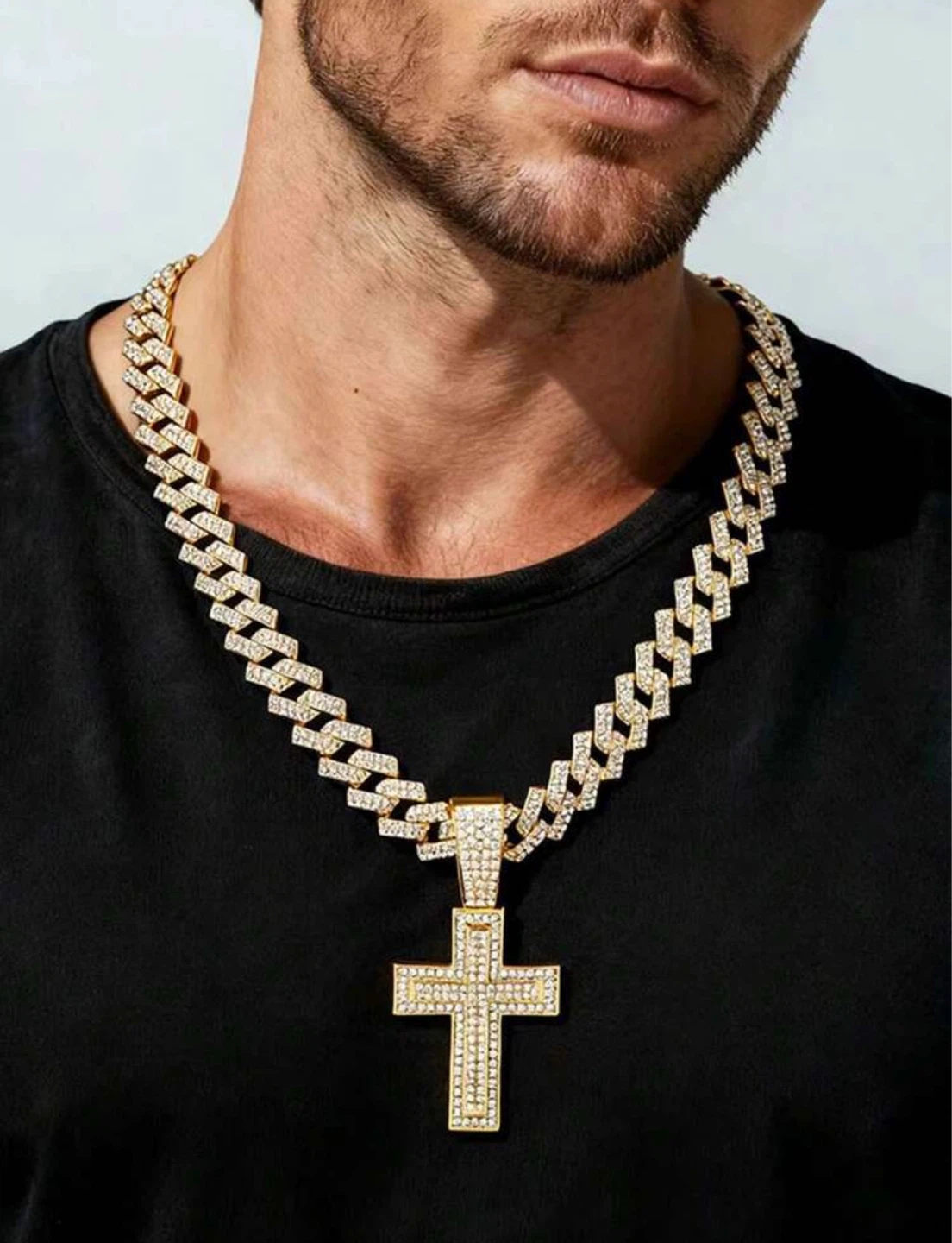 Gold Cuban Link Chain with rhinestones Cross Pendant Necklace