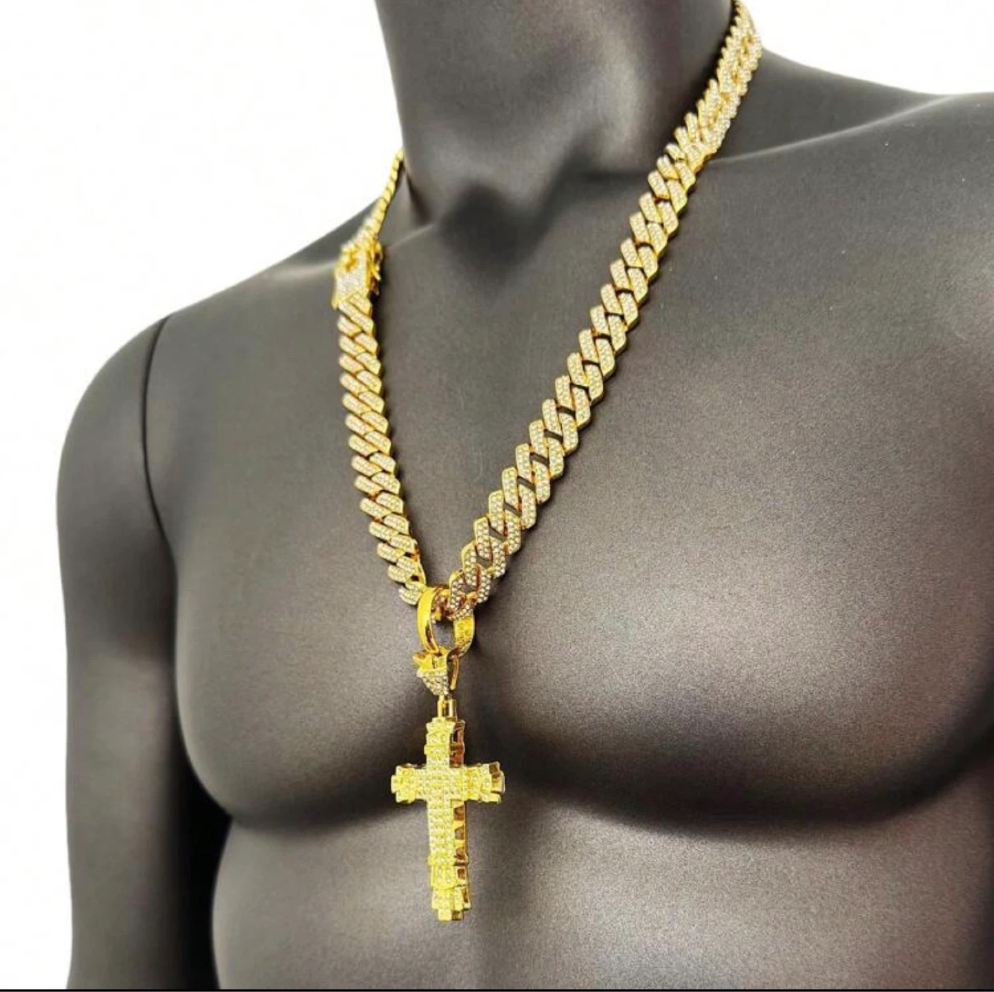 Gold Cuban Link Chain with rhinestones Cross Pendant Necklace - photo 3