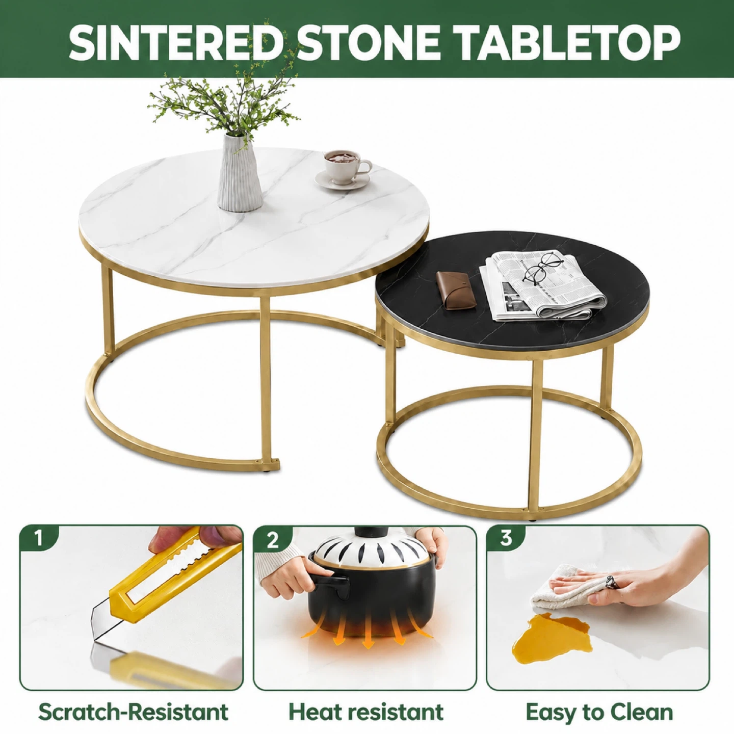 Nested Coffee Tables - Sintered Stone with Gold Legs - photo 3