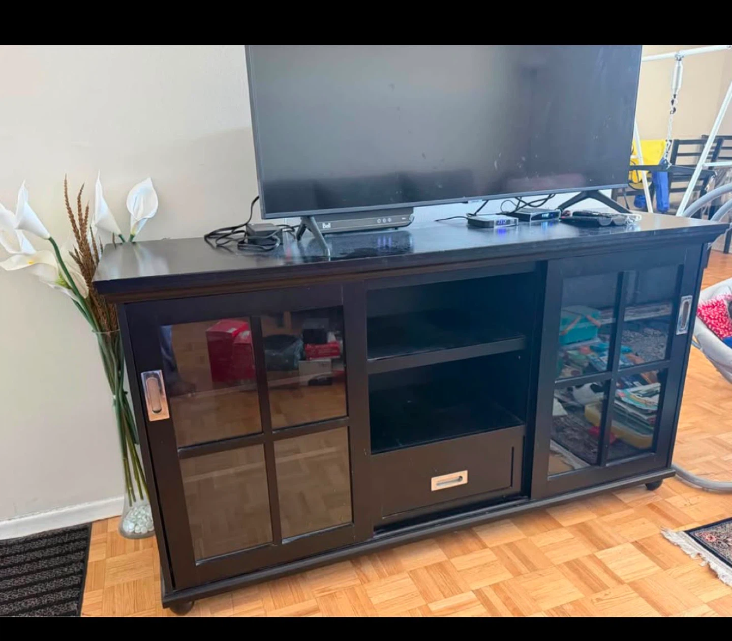 Black TV Stand with Sliding Glass Doors