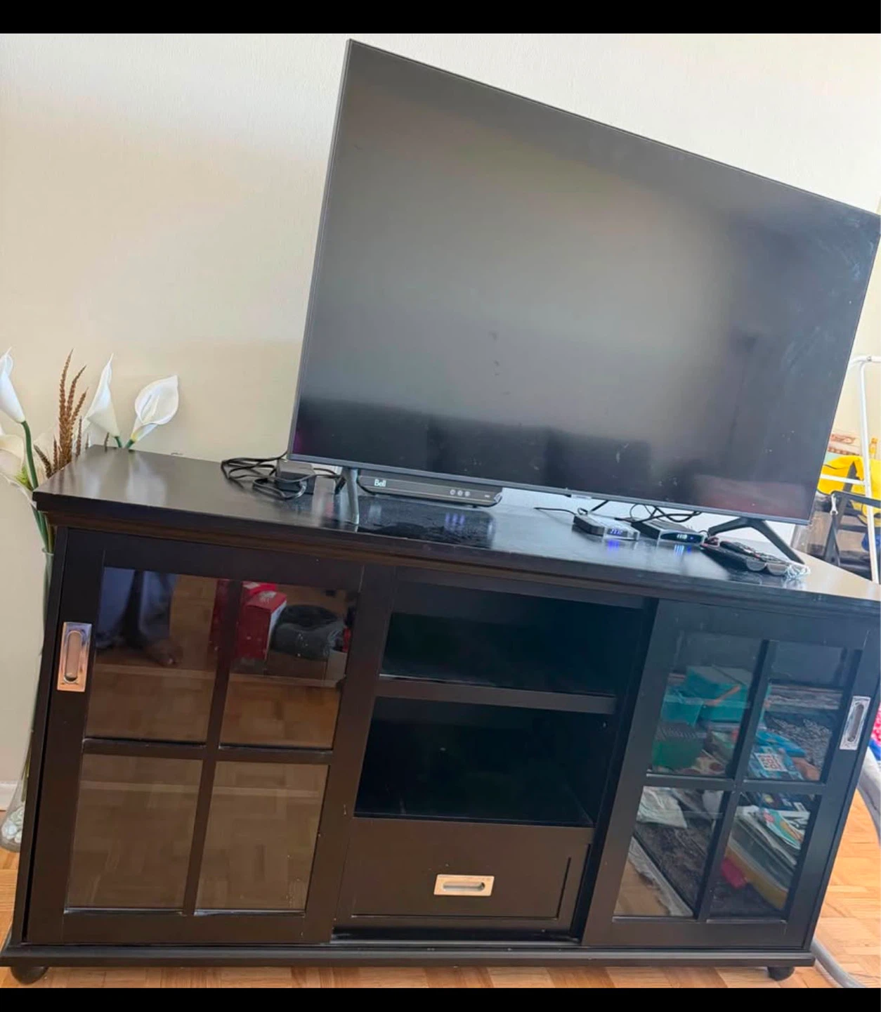 Black TV Stand with Sliding Glass Doors - photo 2
