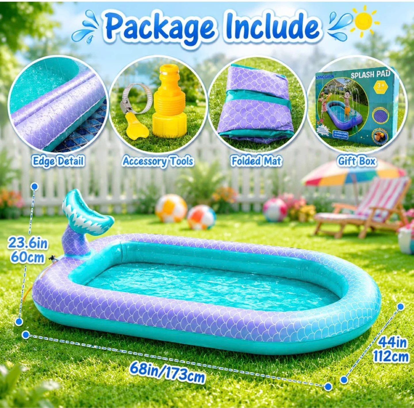 Inflatable Sprinkler Splash Pad Pool - Mermaid Tail Design - photo 3