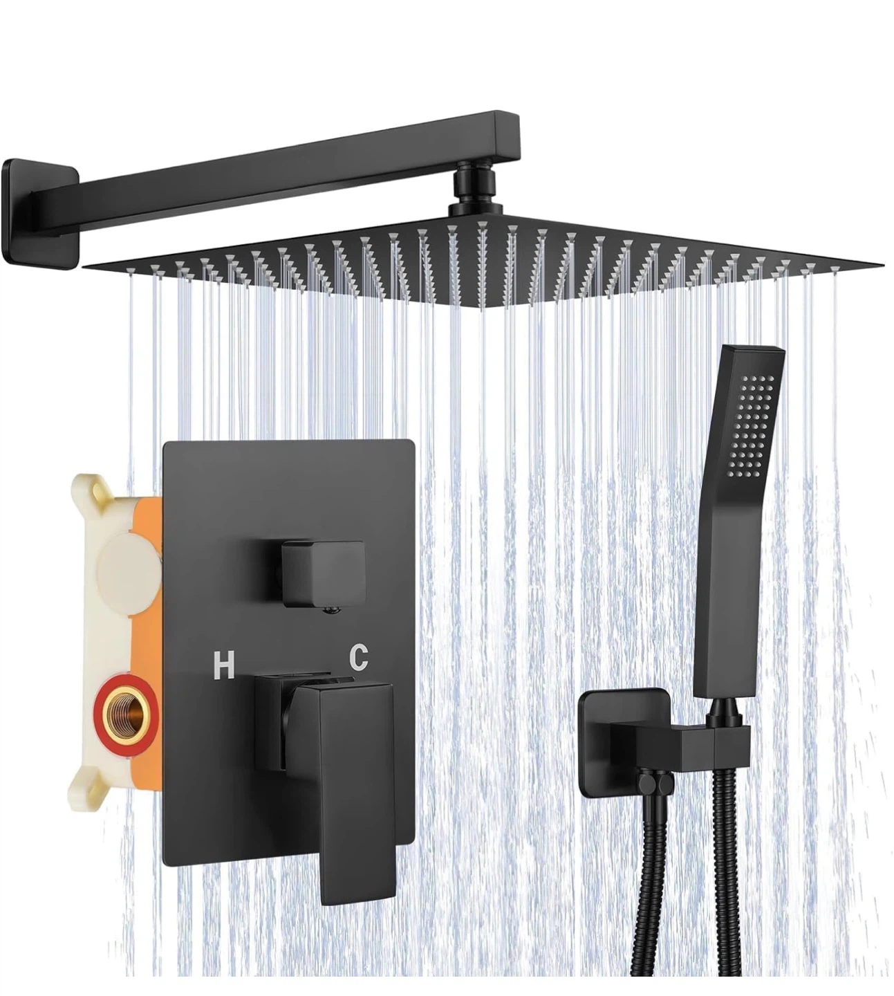 Black 10-Inch Square Shower Head Set with Handheld Wand