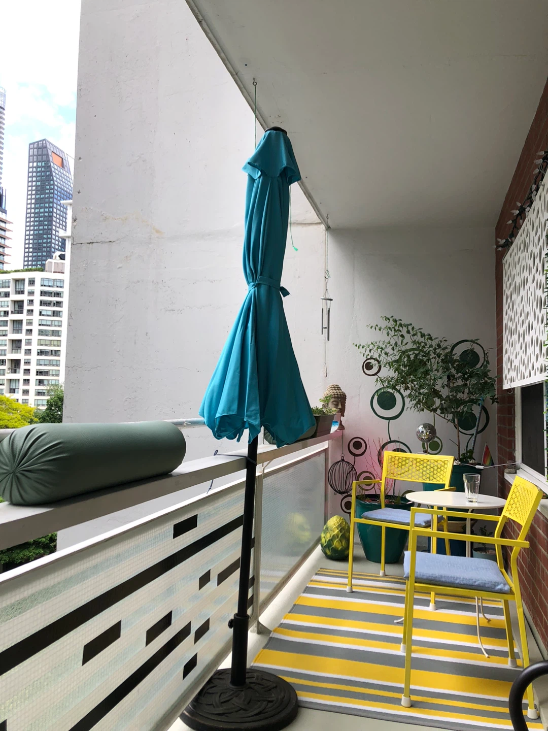 2 Teal Patio Umbrellas with Ornate Base