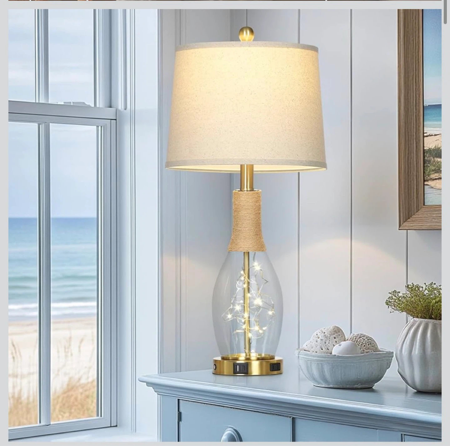 Farmhouse Rattan Glass Table Lamp with USB Ports