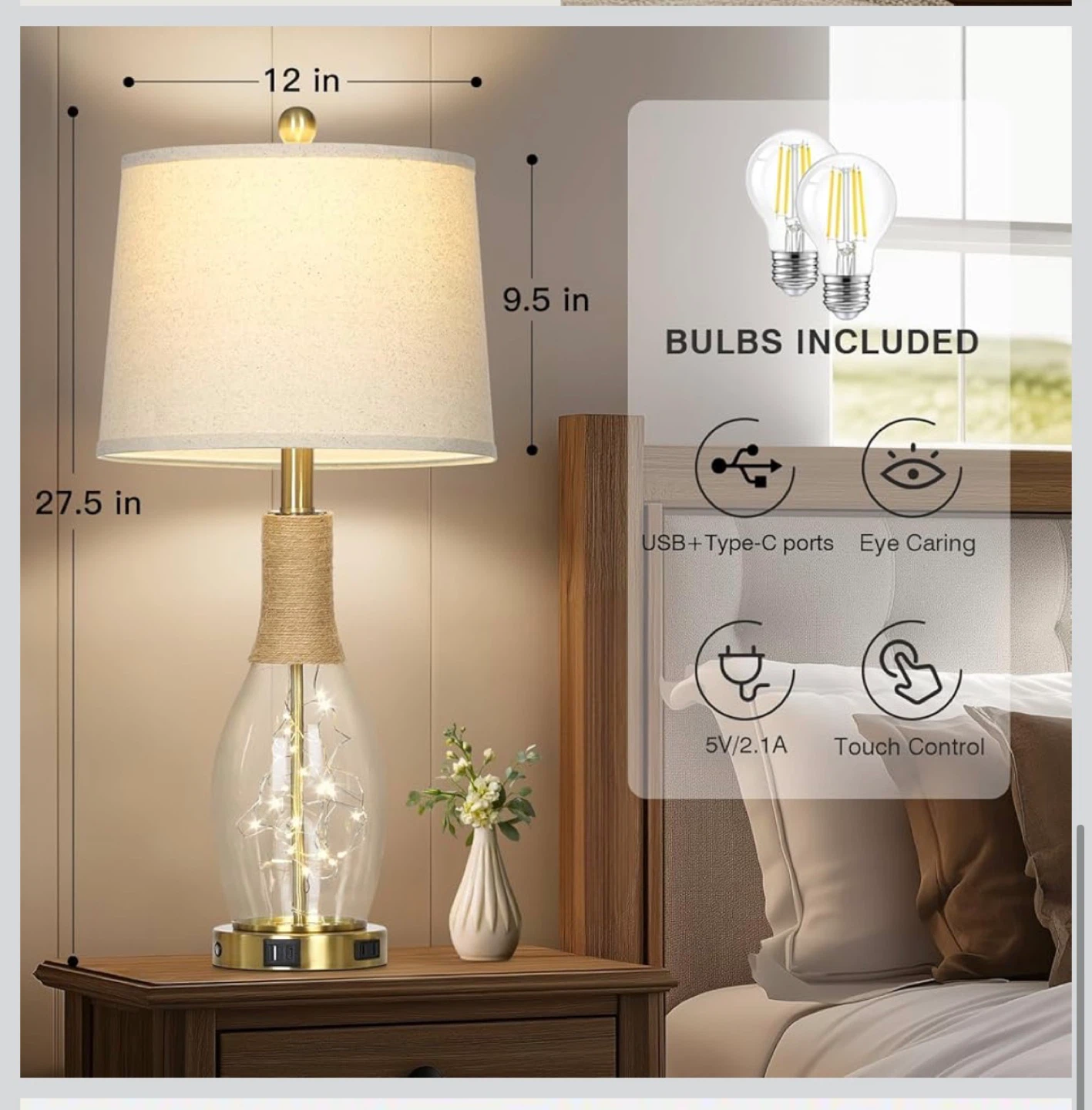 Farmhouse Rattan Glass Table Lamp with USB Ports - photo 5