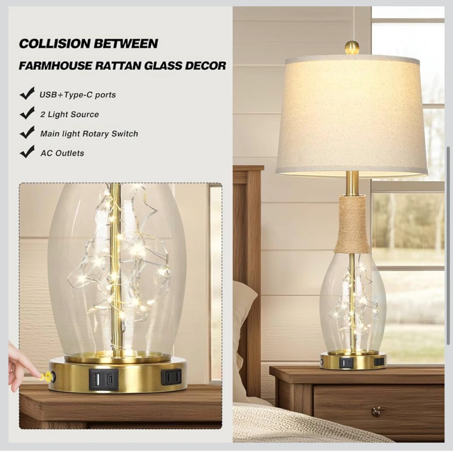 Farmhouse Rattan Glass Table Lamp with USB Ports - photo 4