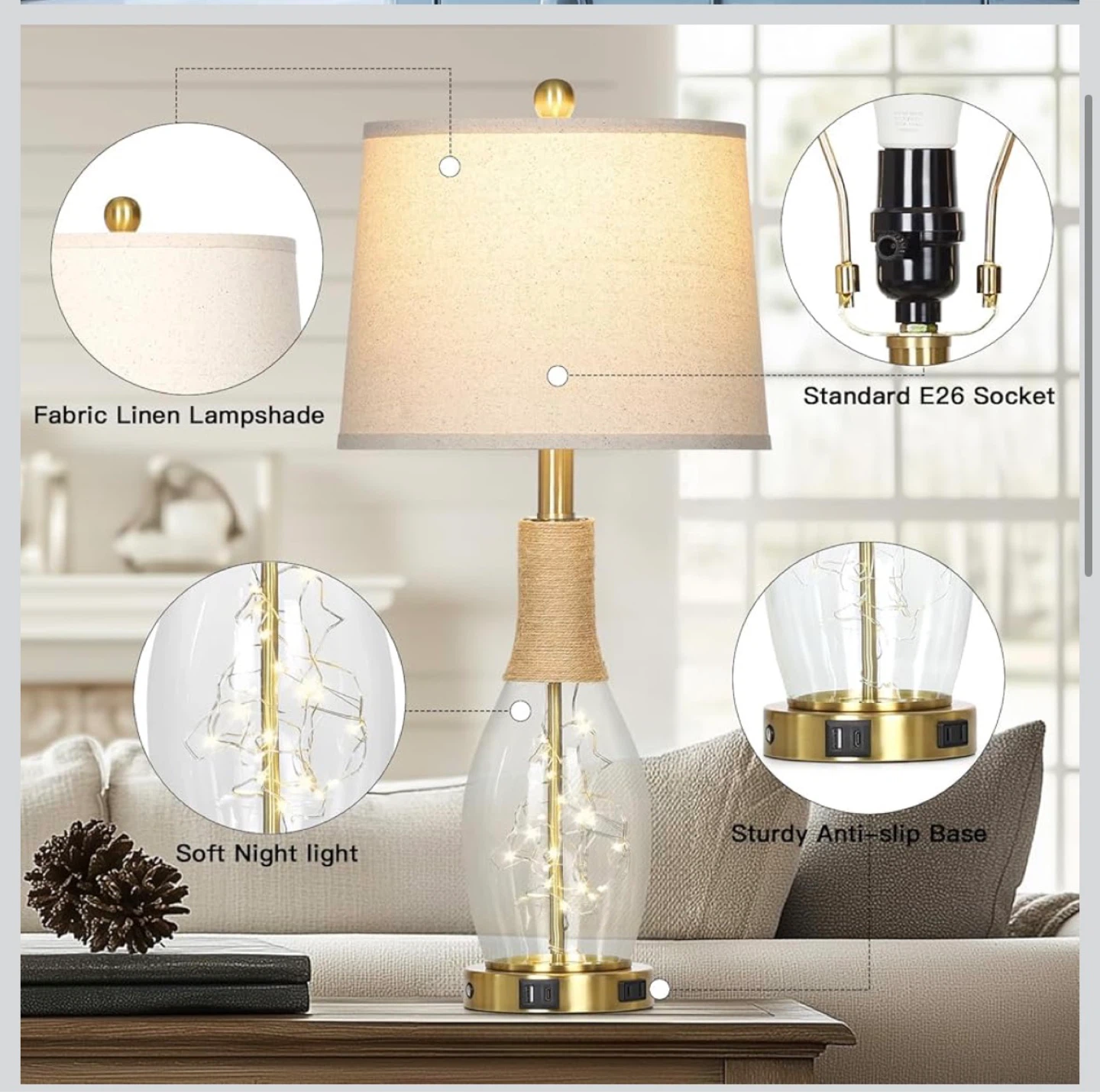 Farmhouse Rattan Glass Table Lamp with USB Ports - photo 3