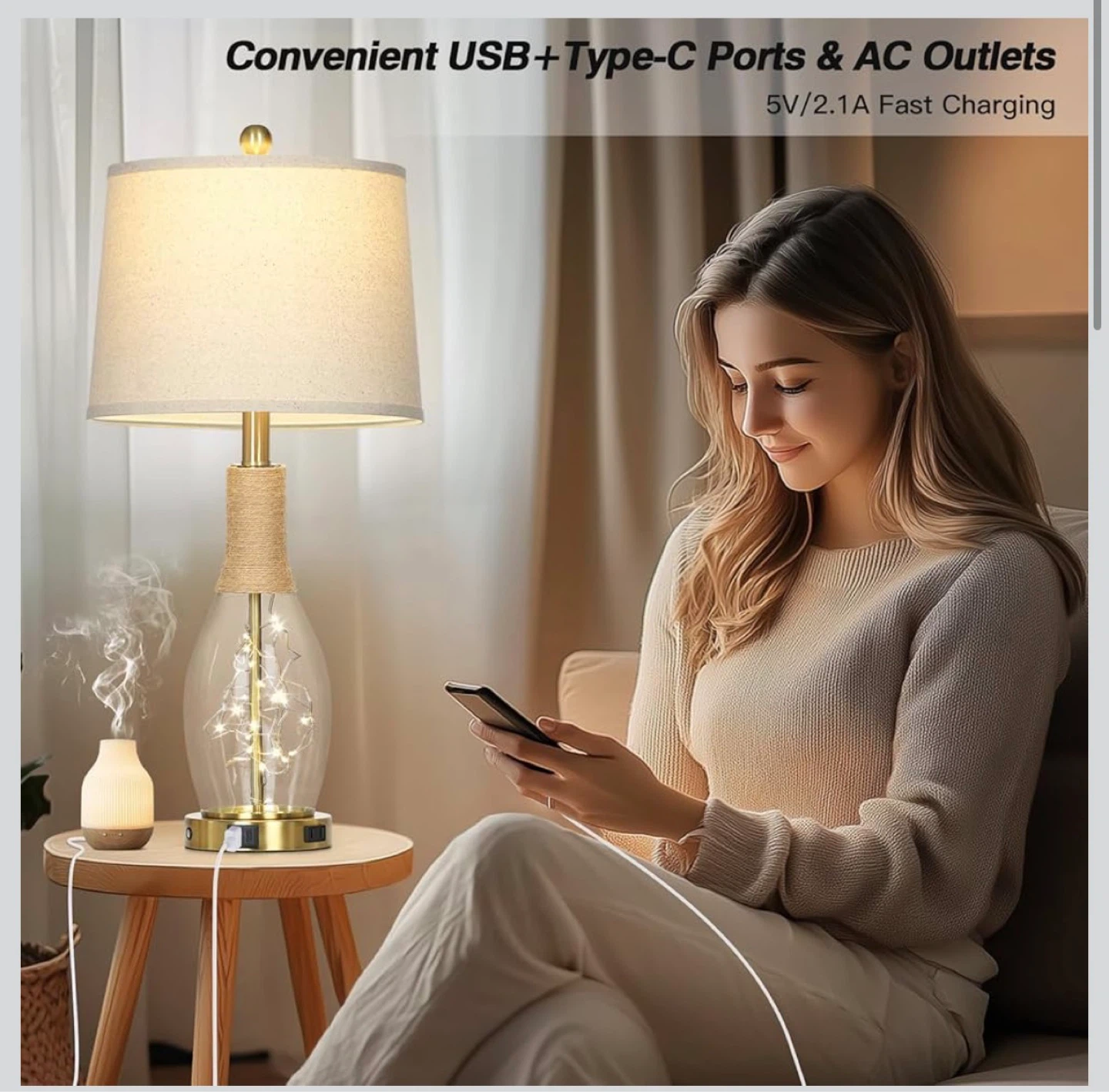 Farmhouse Rattan Glass Table Lamp with USB Ports - photo 2