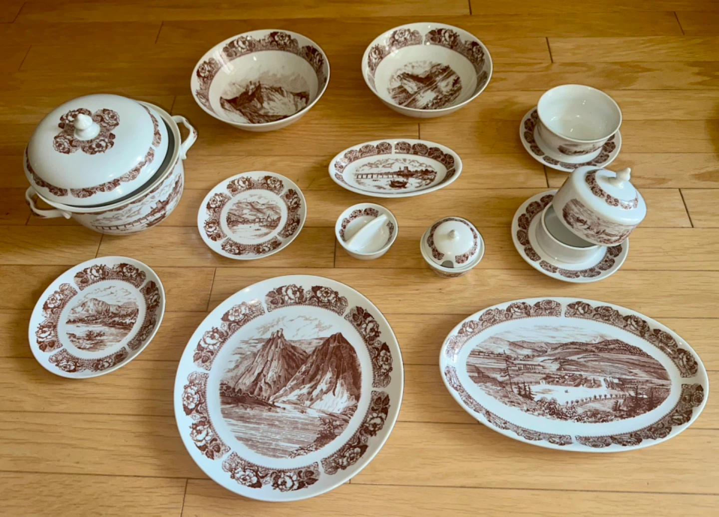 Brown Transferware China Set - Scenic Design