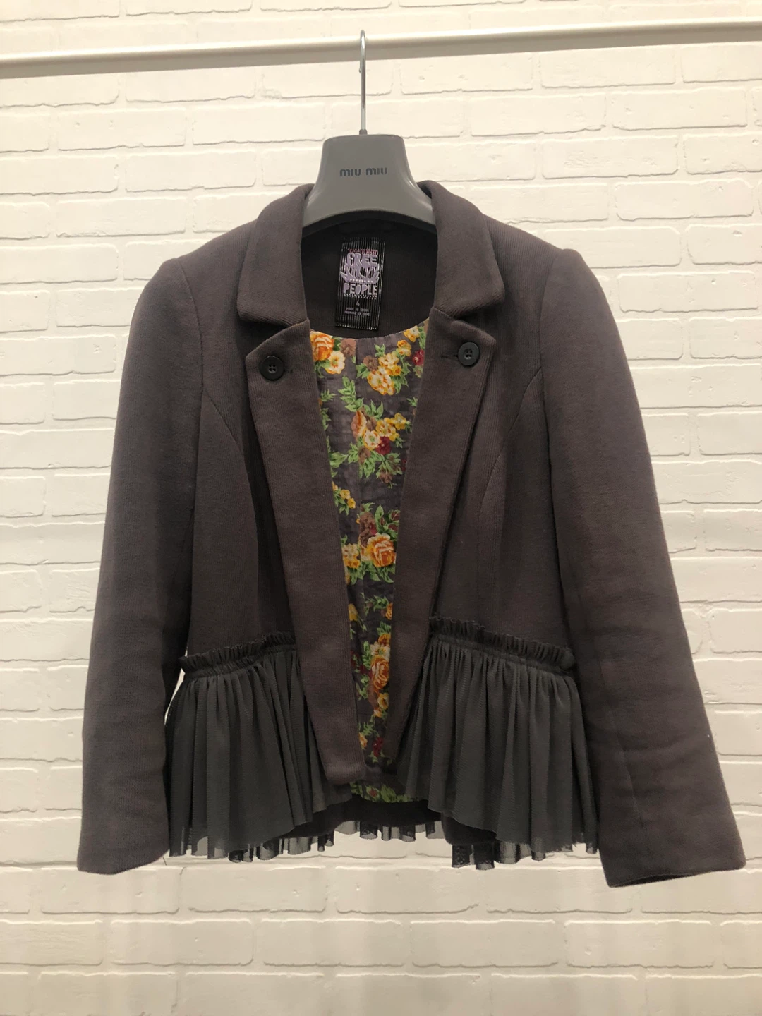 Free People Grey Ruffle Peplum Blazer