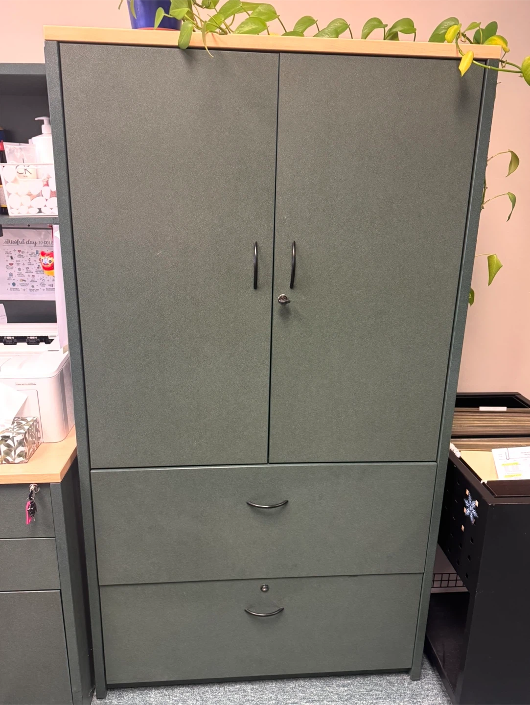 Grey Office Cabinet with Lockable Doors and Drawers