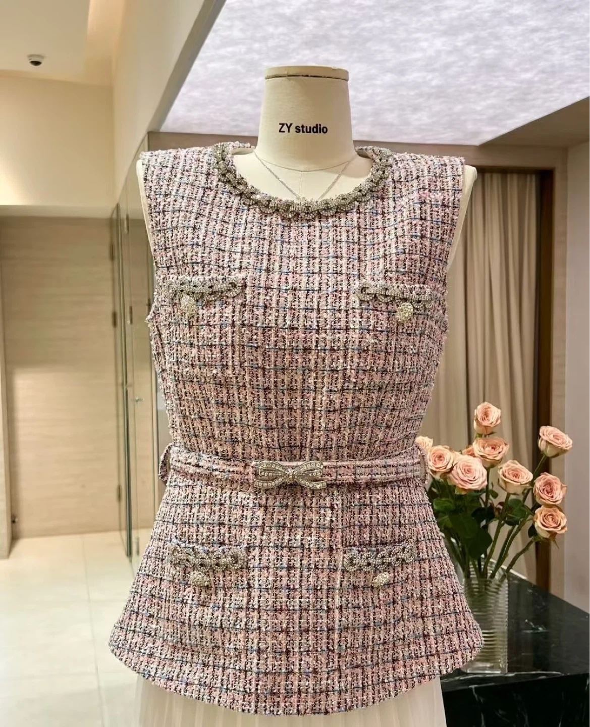 Self-Portrait style Sleeveless Tweed Belted Dress - photo 3