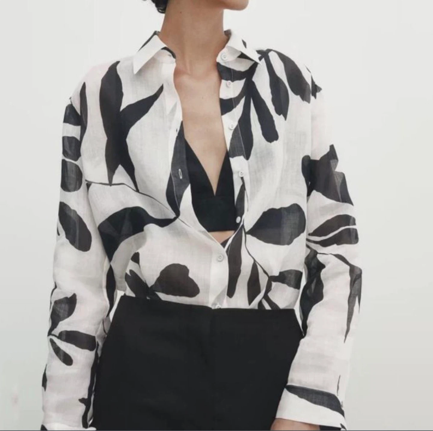 Black & White Abstract Print Sheer Shirt