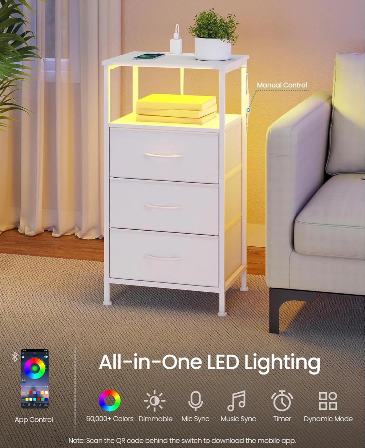 White Fabric Drawer Dresser with LED Lighting
