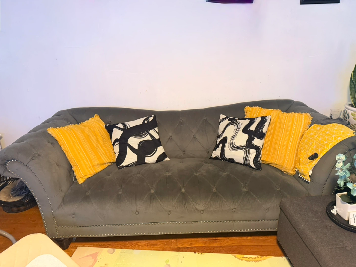 Gray Tufted Chesterfield Sofa with Studded Arms