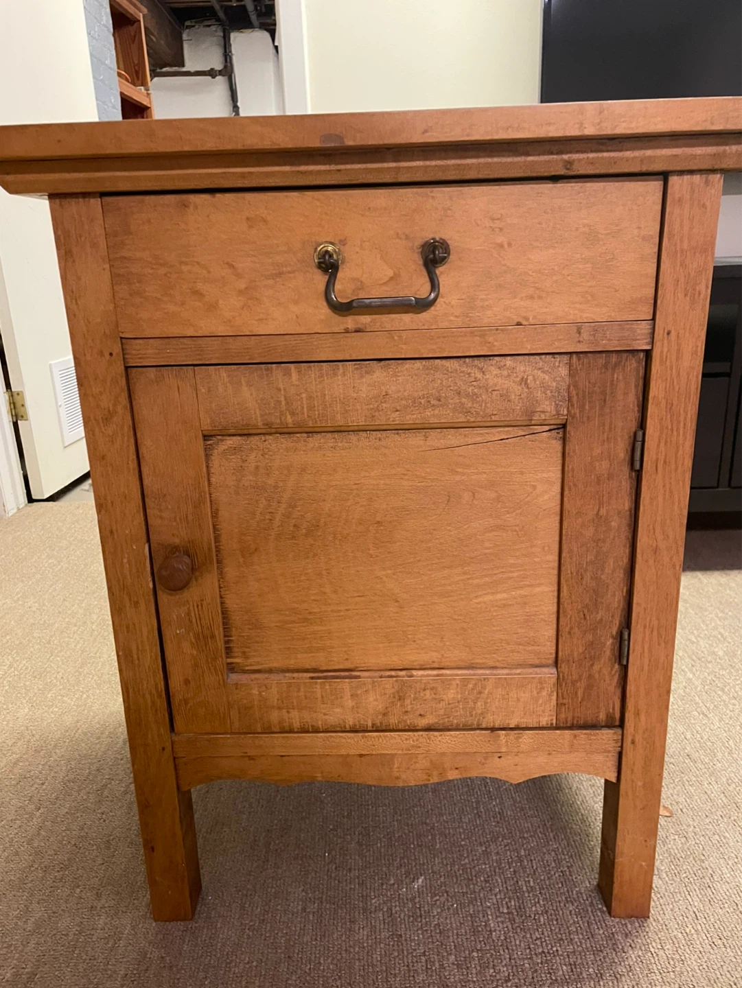 Antique Wooden Side Table with Drawer and Cabinet