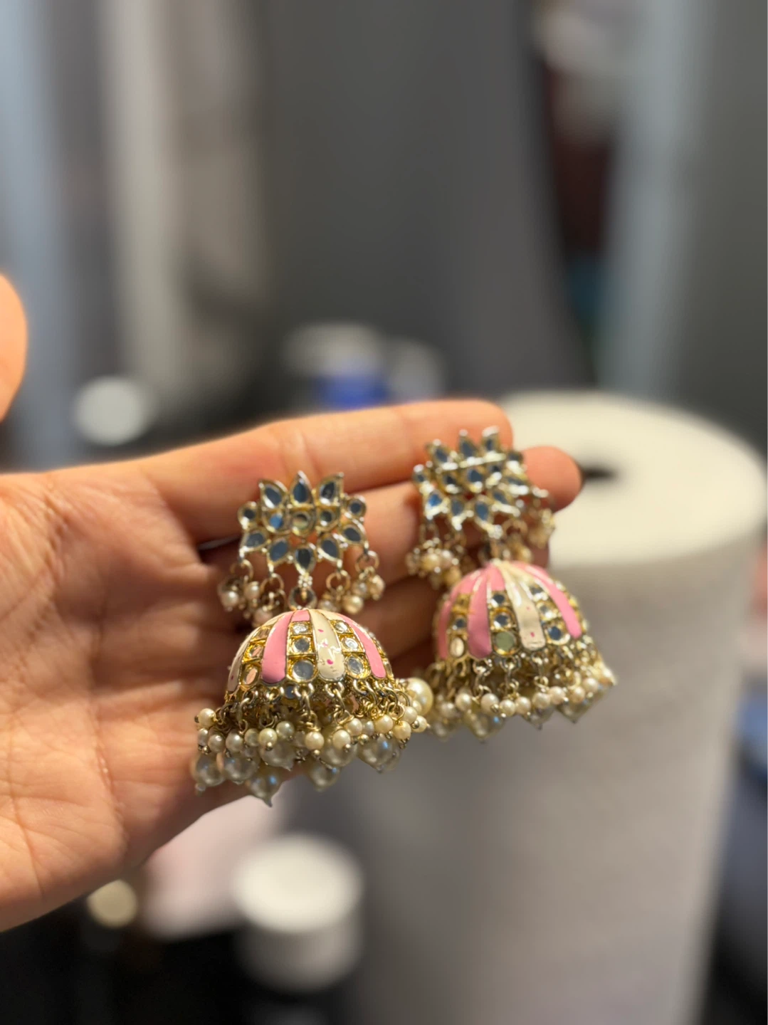 Pink and White Jhumka with Pearls/Pakistani or Indian Jewellery - photo 3