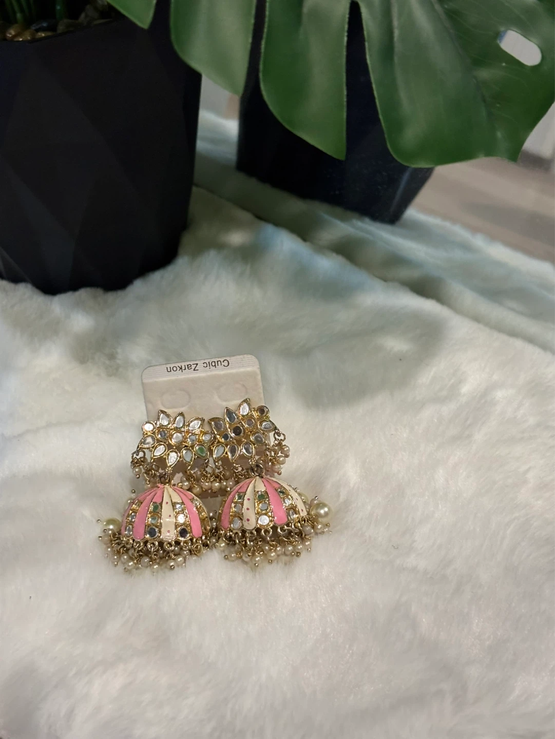 Pink and White Jhumka with Pearls/Pakistani or Indian Jewellery