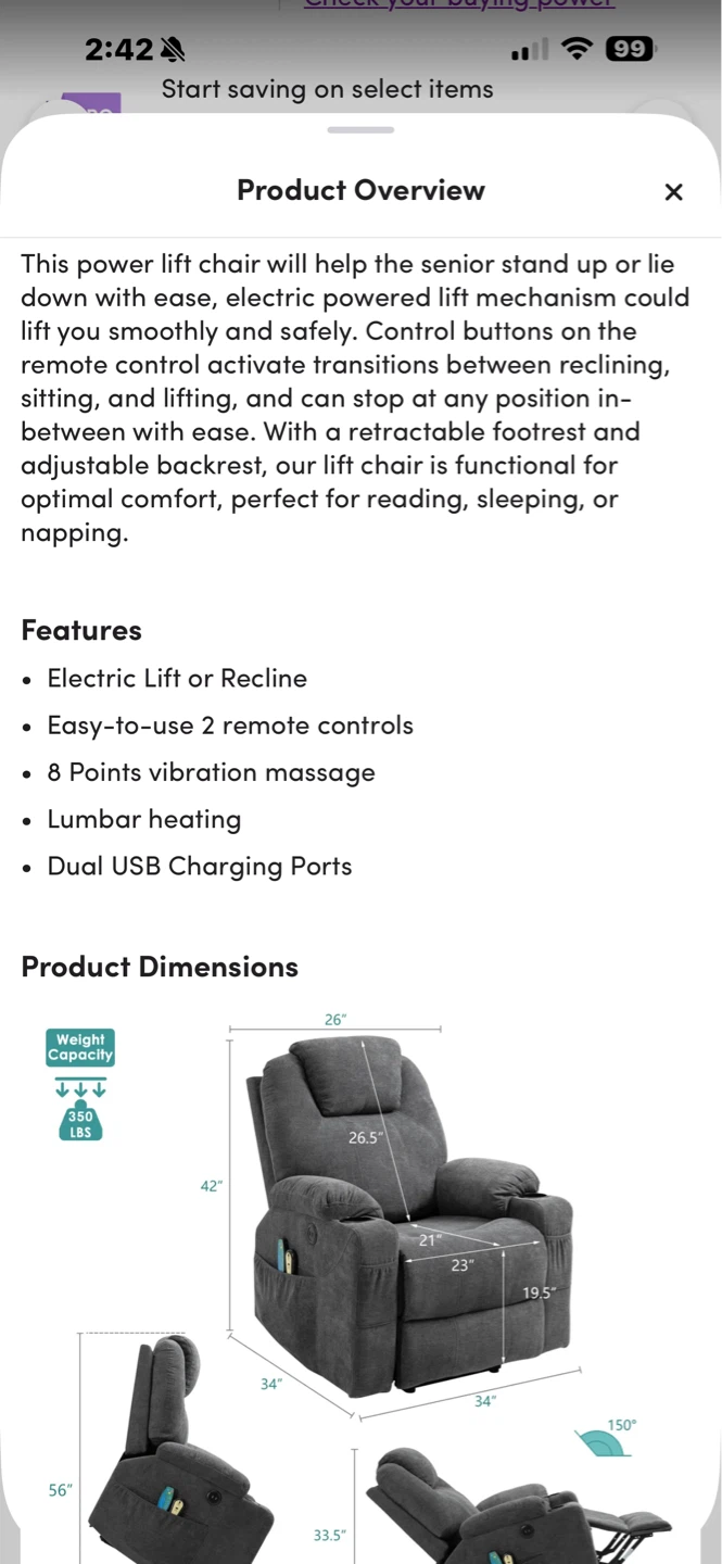 Grey Power Lift Recliner with Heat and USB - photo 5