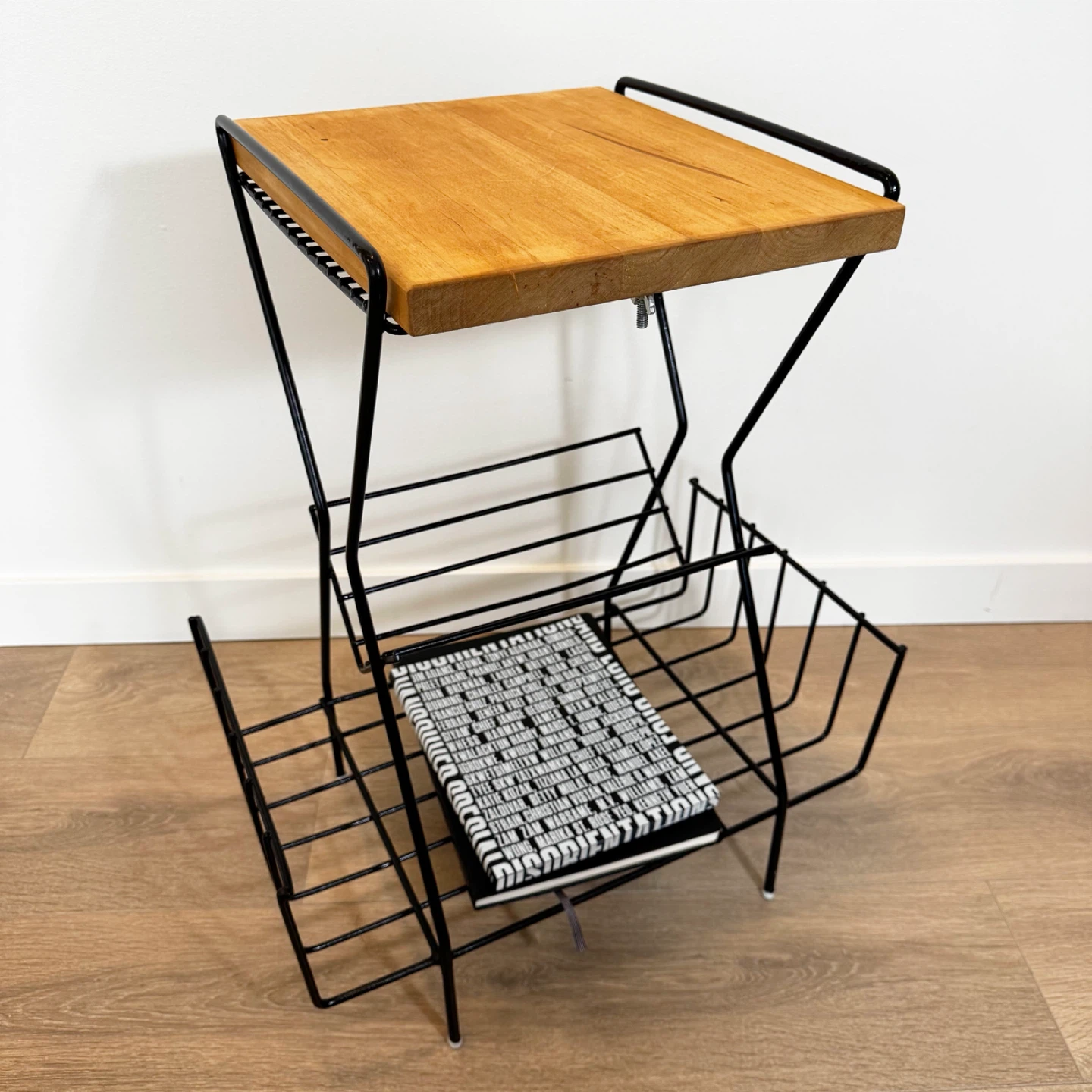 Vintage MCM record rack with custom wooden top / side table
