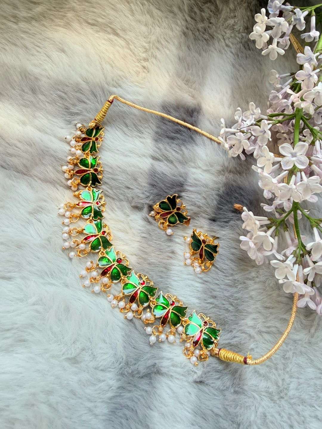 Green Butterfly Enamel Necklace and Earring Set
