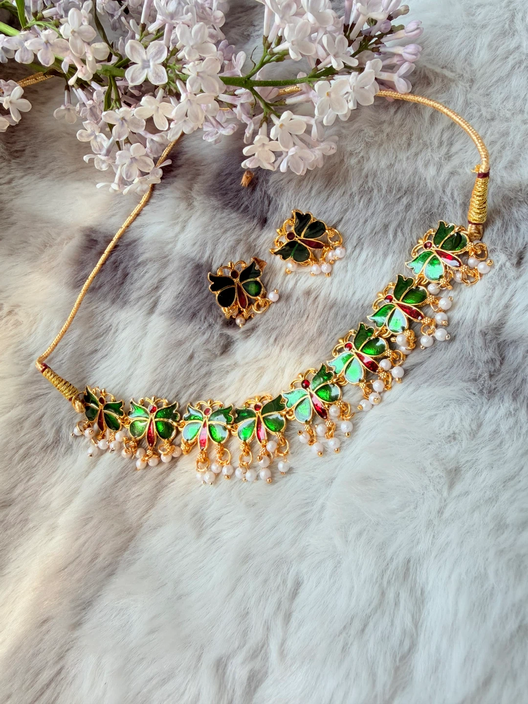 Green Butterfly Enamel Necklace and Earring Set - photo 2