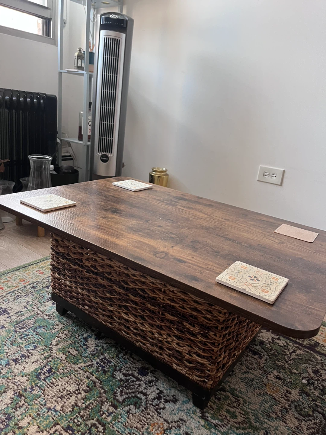 Rustic Wood Coffee Table with Woven Base