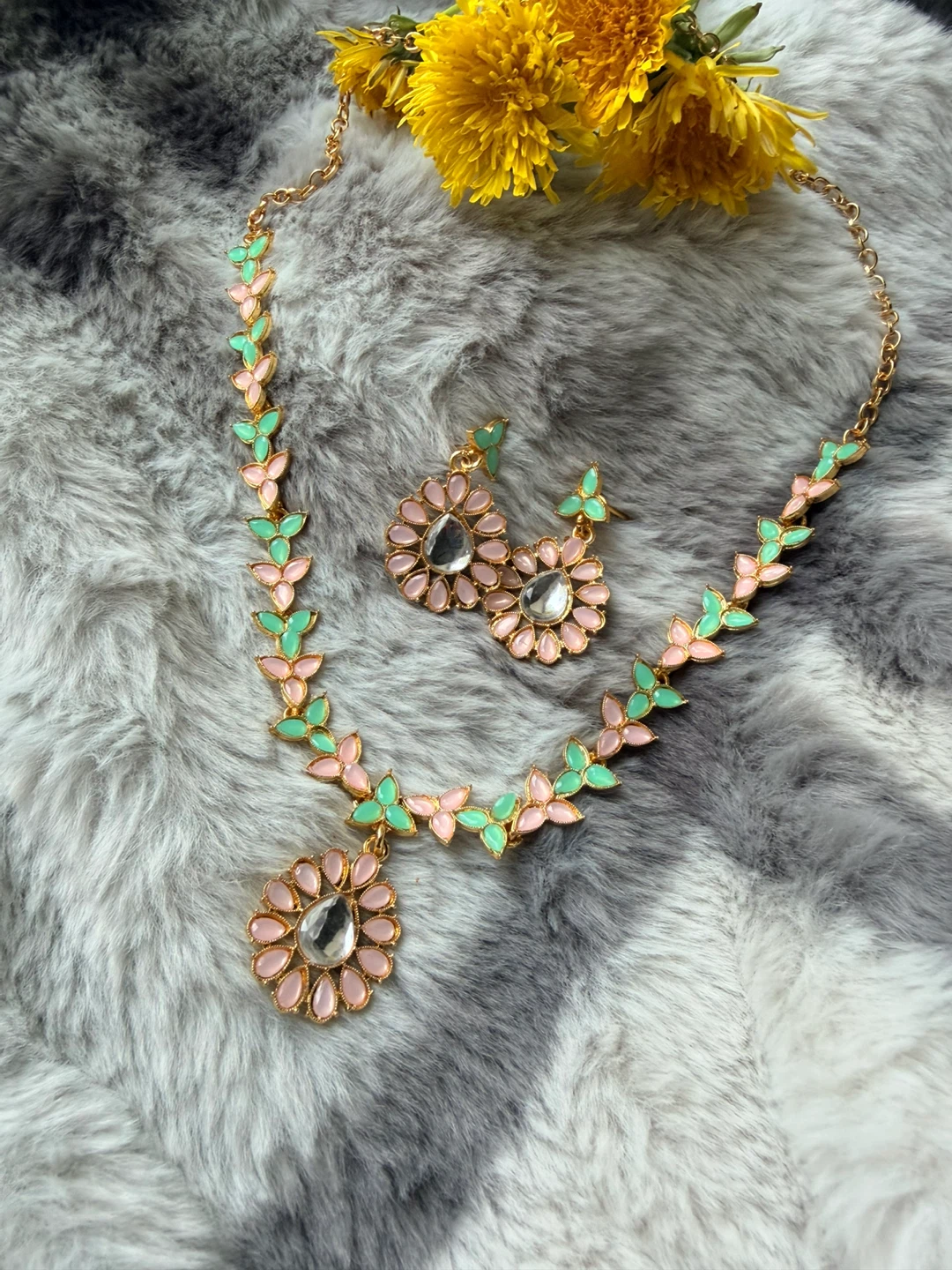 Pink and Mint Floral Necklace and Earring Set - photo 3
