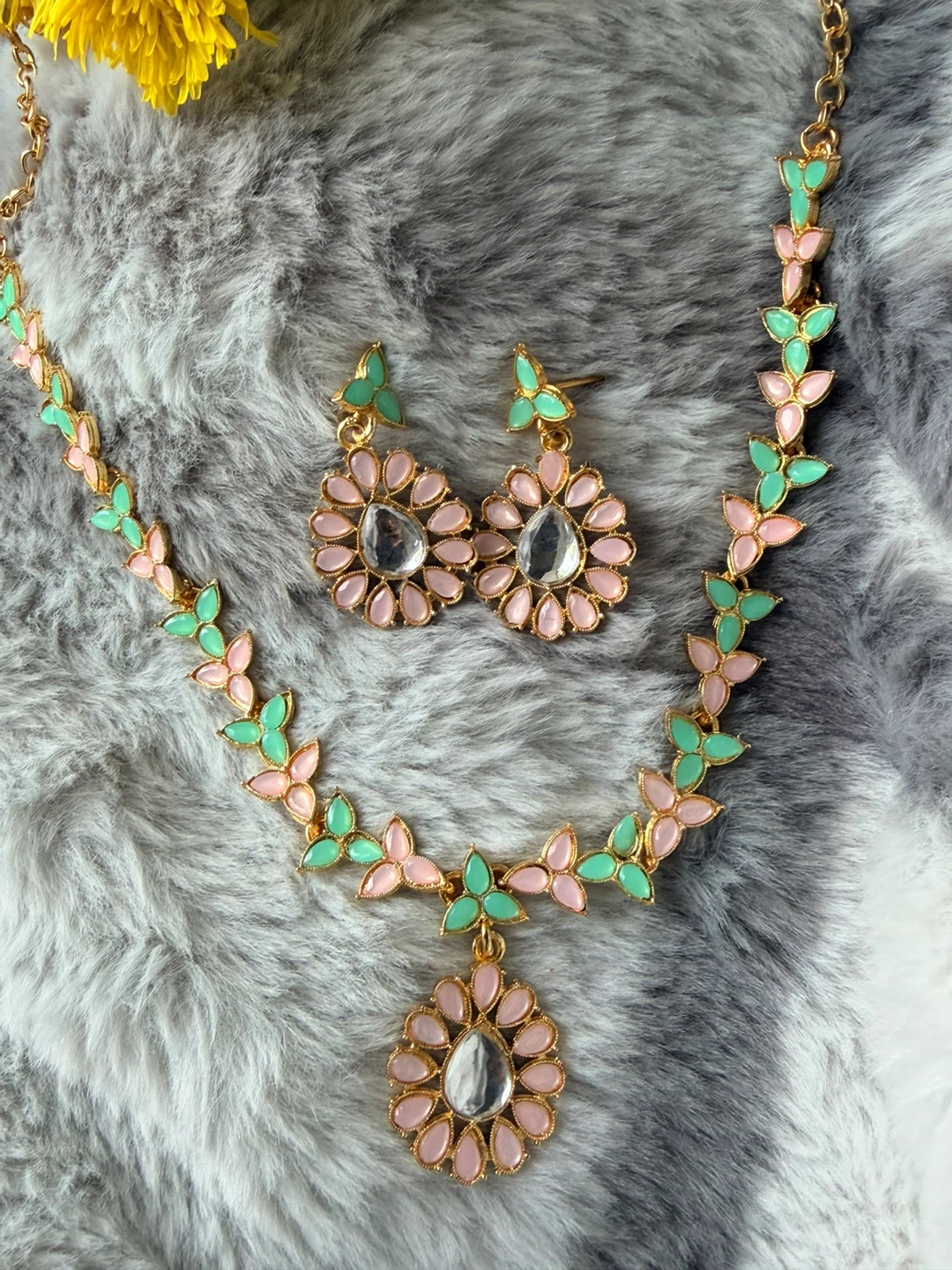 Pink and Mint Floral Necklace and Earring Set