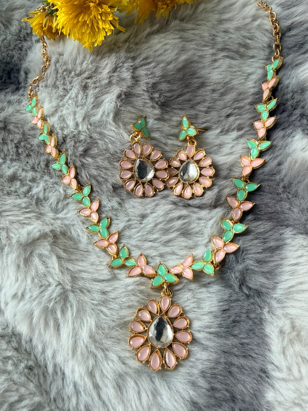 Pink and Mint Floral Necklace and Earring Set - photo 4