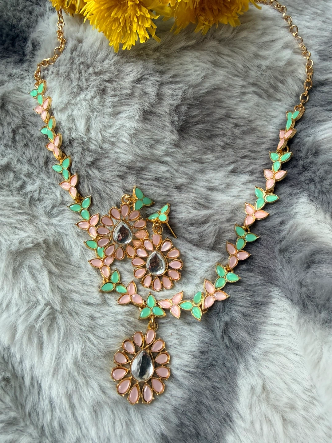 Pink and Mint Floral Necklace and Earring Set - photo 2