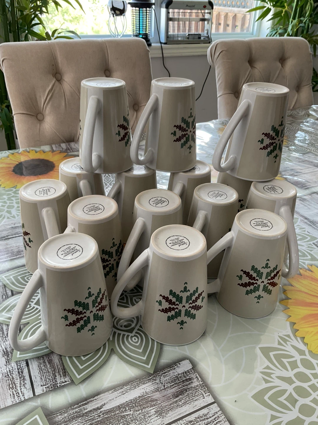 Set of 15Beige Mugs with Green & Red Leaf Design